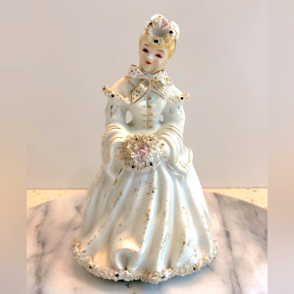 VTG Victorian Lefton Porcelain Figurine‎ Lady in Long Winter Coat Spaghetti Trim